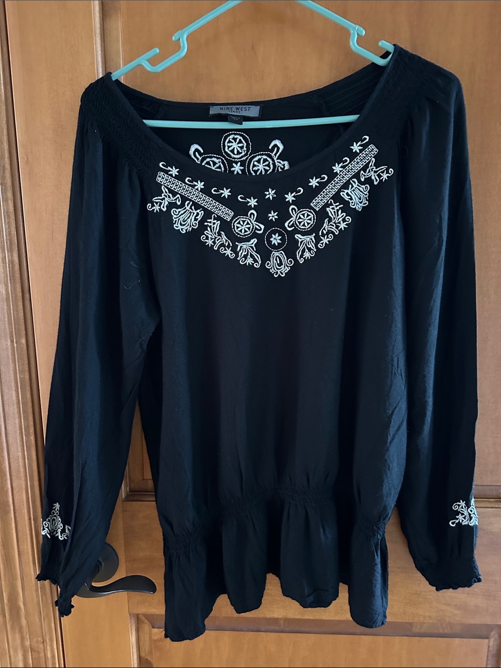 Nine West Jeans Black Embroidered Smocked Peplum Boho Blouse Large
